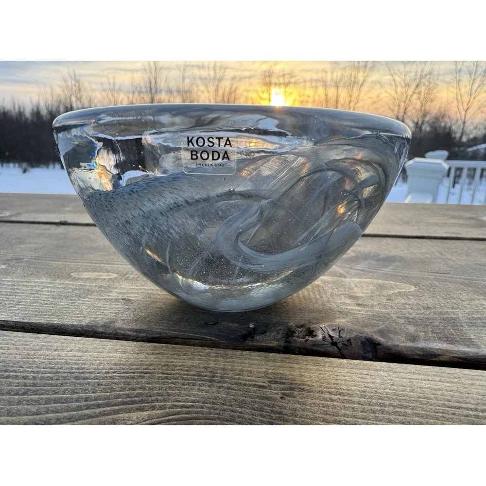 Kosta Boda Art Glass Grey Smoke Swirl Atoll Candle Votive Bowl Scandinavian